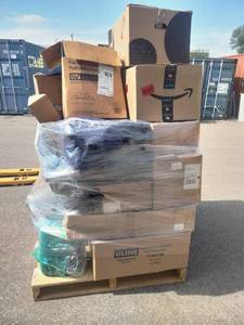 lot 97 image: Pallet of Miscellaneous Office Supplies, Medical Supplies, Household Items, Target Mystery Box, Amazon Mystery Box, and More.