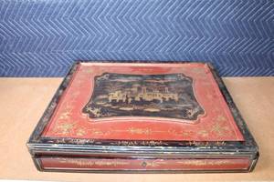 lot 414 image: Antique Asian Lacquered Wooden Box with Gold Chinoiserie Design