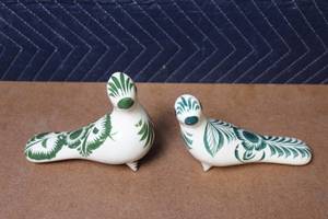 lot 402 image: Pair of Hand-Painted Ceramic Bird Figurines with Green Designs