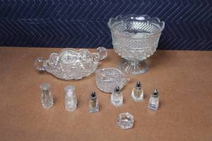 lot 406 image: Collection of Vintage Pressed Glass Dishes and Salt Shakers