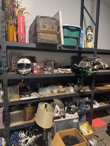 lot 441 image: Large Assorted Household and Garage Shelf Lot - Glassware, Decor, Tools, Electronics