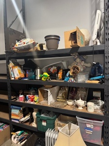 lot 442 image: Assorted Household Shelf Lot with Dolls, Books, Decor, and Tools