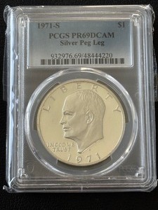 lot 12 image: 1971-S Eisenhower Silver Peg Leg Dollar Proof PCGS PR69 Deep Cameo