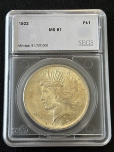 lot 15 image: 1922 Peace Dollar SEGS MS61