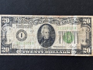 lot 20 image: 1928 B Green Seal $20 Dollar Federal Reserve Note