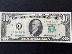 lot 21 image: 1969 Green Seal $10 Dollar Federal Reserve Note