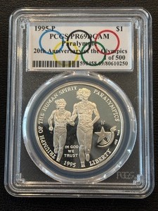lot 101 image: 1995-P Paralympics Silver Dollar Proof PCGS PR69 Deep Cameo