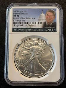 lot 104 image: 2024 Silver Eagle First Day Reagan Presidential Series NGC MS70