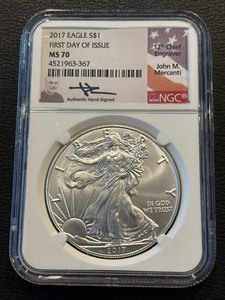 lot 112 image: 2017 Silver Eagle First Day of Issue NGC MS70