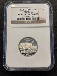 lot 113 image: 2008-S Arizona Silver Quarter Proof NGC PF70 Ultra Cameo