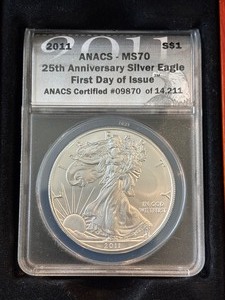 lot 76 image: 2011 Silver Eagle First Day of Issue ANACS MS70