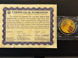 lot 137 image: 200 mg (15 Gram) .9999 Fine Gold Replica St. Gaudens $5 Dollar Coin