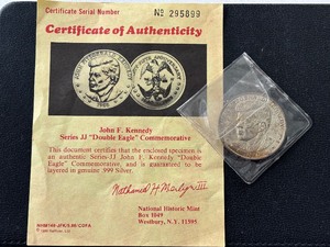 lot 197 image: 1985 John Kennedy Double Eagle Commemorative .999 Silver Layered