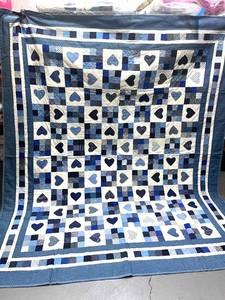Wonderful Heart and Nine Patch Hand Stitched Quilt 82" X 94"