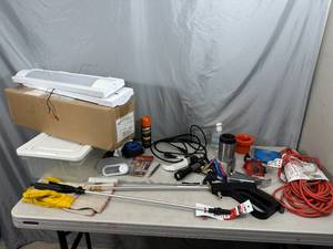 lot 13 image: Assorted New and Used Tools, Hardware, Tote, Cord, and More