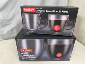 lot 80 image: 2 New Sets of Bodum High End Thermo Glass Coffee  Cappucino Cups