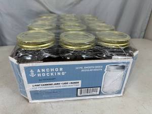 lot 94 image: New Case of 12 Anchor Hocking 1 Pint Canning Jars with Lids