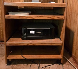 lot 36 image: Rolling Oak Wood Computer Desk with Shelves 31x28x23 Inches - Contents NOT Included