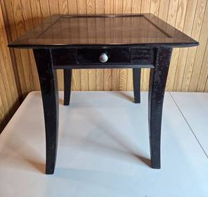 lot 37 image: Black Wood End Table with Drawer and Assorted Tools