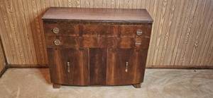 lot 42 image: Vintage Wooden Sideboard Cabinet with Drawers and Doors 35x42.5x15 in