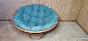 lot 43 image: Papasan Chair with Rattan Frame and Cushion, 45 Inch Diameter