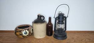 lot 48 image: Antique Lantern, Stoneware Jug, Brown Bottle, and Mexican Pottery Set