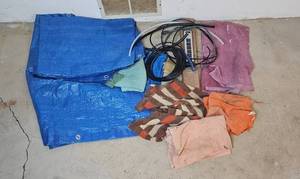 lot 77 image: Assorted Lot of Shop Towels, Blue Tarp, Extension Cord, and Power Strip