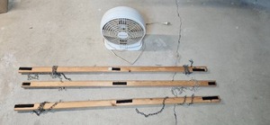 lot 81 image: Honeywell Box Fan with Wooden Restraint Bars and Chains