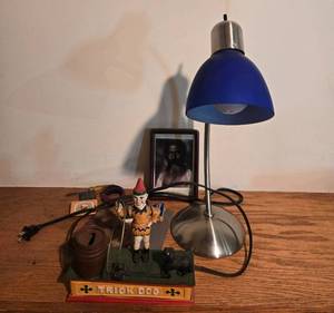 lot 89 image: Misc Lot with Blue Lamp, Trick Dog Bank, Framed Portrait, and Collectibles