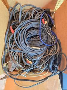 lot 107 image: Box of Audio Cables with Rhodes and Roland Keyboard Pedals