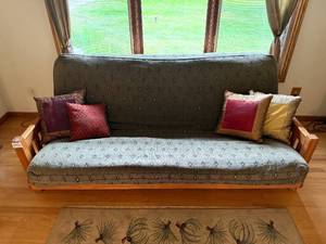 lot 123 image: Wood Frame Futon Sofa with Cushions and Decorative Pillows