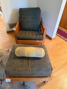 lot 128 image: Mission Style Wood Armchair with Ottoman and Decorative Pillow