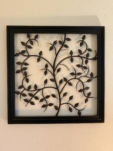 lot 129 image: Wall Decor Lot 27x27 Inch Framed Metal Leaf Art and Hanging Trio of Red Decorative Bells