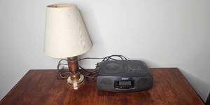 lot 140 image: Wood Table Lamp and Sony CD Clock Radio Bundle