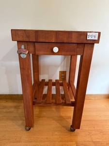 lot 146 image: Wood Kitchen Cart with Drawer, Shelf, Casters, and Coca-Cola Bottle Opener