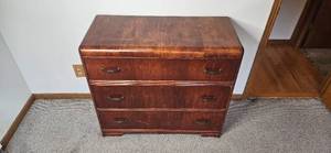 lot 153 image: Vintage 3-Drawer Wooden Dresser with Brass Tone Handles 35x40x18 Inches