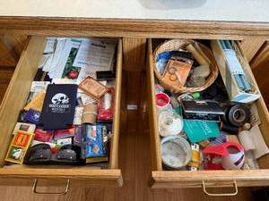 lot 179 image: Vintage Junk Drawer Contents Only with Candles, Opera Glasses, Tools, and More