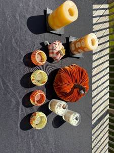 lot 185 image: Fall Decor Collection with Candles, Mosaic Holders, and Velvet Pumpkin
