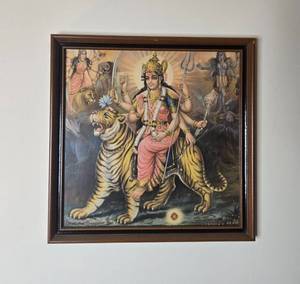 lot 219 image: Vintage Framed Religious Print of Goddess Durga on Tiger 15x15 Inches