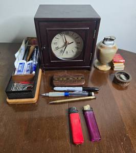 lot 226 image: Wooden Mantel Clock, Marble Tabletop Lighter, Office Supplies and Vintage Accessories Collection