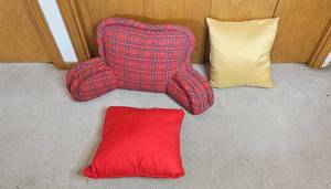 lot 255 image: Set of 3 Pillows Plaid Backrest Pillow, Red Cushion, and Gold Cushion