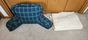 lot 274 image: Plaid Bed Rest Pillow and Vintage Cream Textured Bedspread Set