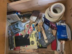 lot 299 image: Assorted Paint Brushes, Sandpaper, Putty Knives, Tape Rolls, and Painting Supplies