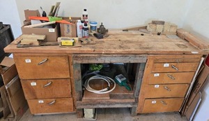 lot 312 image: Wooden Workbench with 7 Drawers and Storage Shelf 77 x 26 x 37 Inches - contents not included