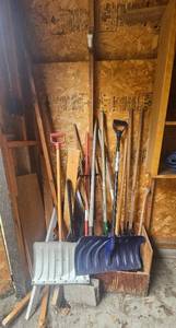 lot 322 image: Assorted Yard Tools Including Shovels, Rakes, and Snow Shovels