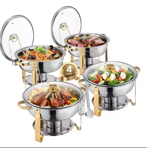 lot 25 image: Chafing Dish Buffet Set, 5 qt. 4-Pack, Stainless Steel Chafer with Pans and Glass Lid, Round Catering Warmer