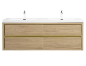 lot 12 image: 60 in. W Double Sink Wall-Mounted Floating Bath Vanity Storage Cabinet in Natural Oak with White Stone Resin Top