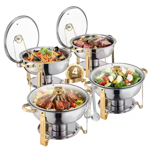 lot 22 image: Chafing Dish Buffet Set, 5 qt. 4-Pack, Stainless Steel Chafer with Pans and Glass Lid, Round Catering Warmer