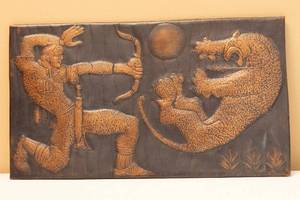 lot 28 image: Warrior Fighting Tiger Copper Bas Relief Wall Carving