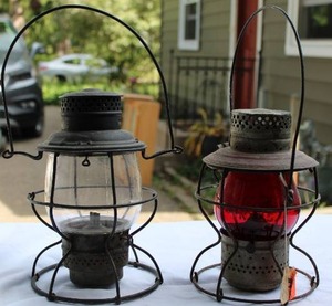 lot 35 image: 2 Kerosene Lanterns Lamps NYCS Handlan St. Louis Red Glass ADLAKE